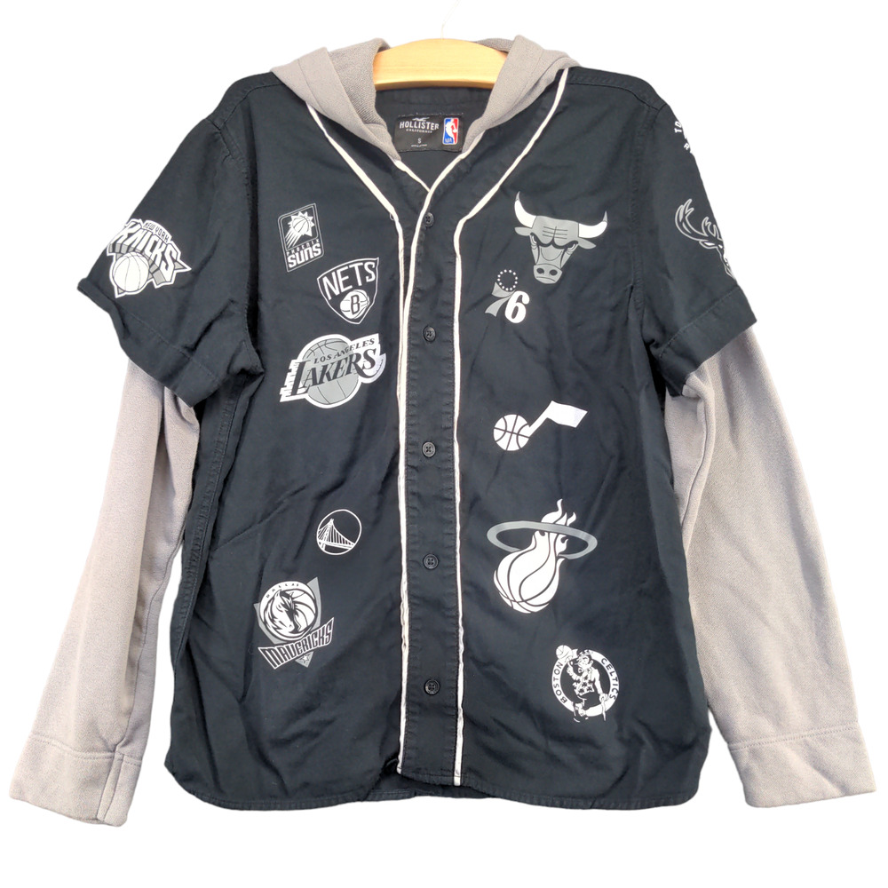 Hollister Adult NBA Teams Layered Look Button-Up Hooded Jacket Black Gray Small